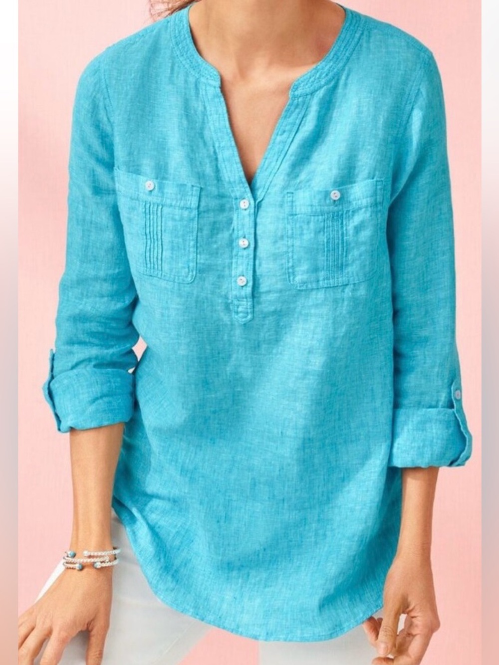 Talbots Turquoise Linen Camp Popover Top Size Medium